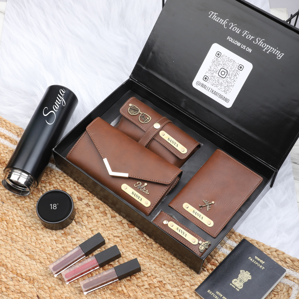 Personalized 5-in-1 Leather Clutch Combo Gift Set for Women | Customized Premium Gift Set for Her