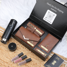 Load image into Gallery viewer, Personalized 5-in-1 Leather Gift Set for Women | Clutch, Keychain, Passport Cover, Eyewear Case &amp; Temperature Bottle
