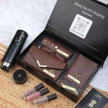 Load image into Gallery viewer, Personalized 5-in-1 Leather Gift Set for Women | Clutch, Keychain, Passport Cover, Eyewear Case &amp; Temperature Bottle
