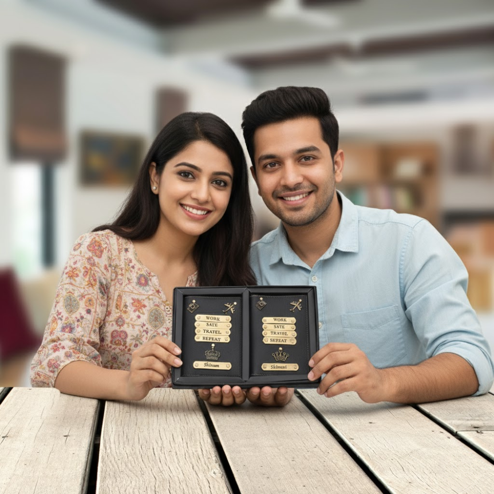 Personalized Leather Couple Passport Cover with Name and Charm (WORK SAVE TRAVEL REPEAT)