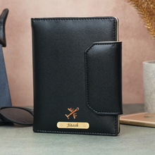 Load image into Gallery viewer, Personalized Family Passport Organizer for 3 Passports | Custom Name Travel Document Wallet with 8 Card Slots, Cash Pocket, Boarding Pass Holder &amp; Secure Closure
