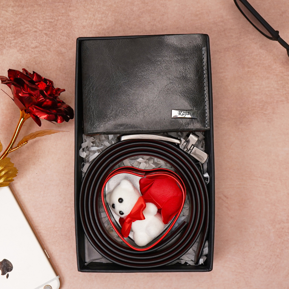 Personalized Handmade Genuine Leather Name Wallet for Men on birthday & Anniversary ,Belt & Teddy Bear Combo| Custom Engraved Wallet with Name | Birthday & Anniversary Gift