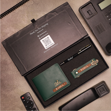 Load image into Gallery viewer, Stylish Genuine Leather Wallet Combo | Personalized Wallet + Pen + Keychain Combo Gift for Him
