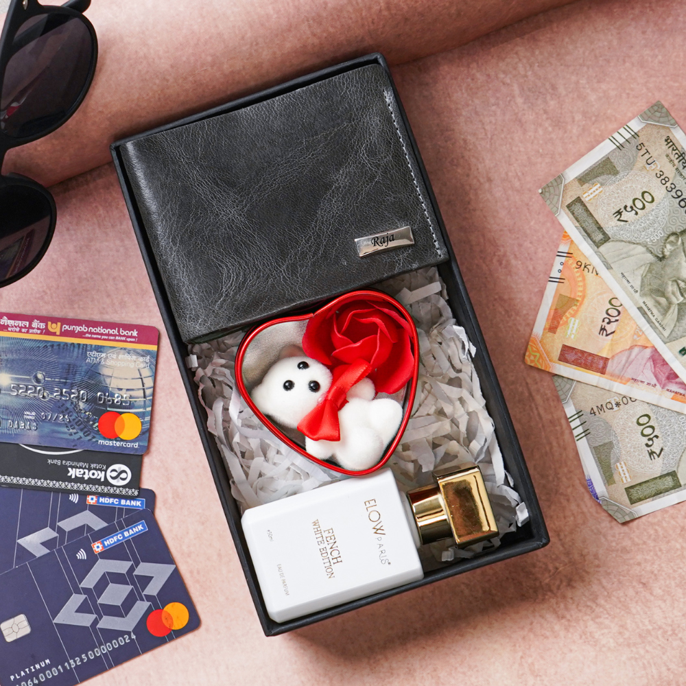 Personalized Handmade Genuine Leather Name Wallet for Men, Perfume & Teddy Bear Combo| Birthday & Anniversary Gift for Boyfriend | Anniversary