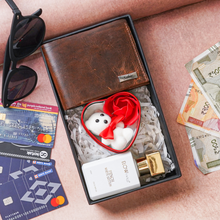 Load image into Gallery viewer, Personalized Handmade Genuine Leather Name Wallet for Men, Perfume &amp; Teddy Bear Combo| Birthday &amp; Anniversary Gift for Boyfriend | Anniversary
