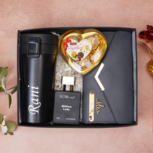 Load image into Gallery viewer, Romantic 4-in-1 Gift Box for Girlfriend | Wife  – Personalised Name Clutch, Perfume, Travel Mug &amp; Chocolates for birthday &amp; anniversary
