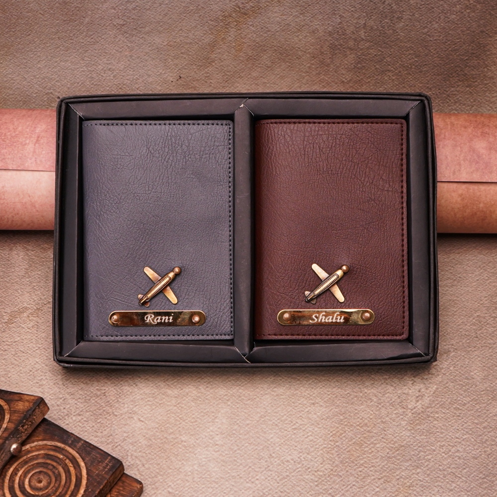Elegant Personalized Couple Passport Cover Set with Engraved Name on golden Plate  & Charm