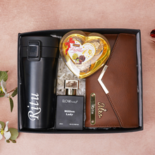Load image into Gallery viewer, Romantic 4-in-1 Gift Box for Girlfriend | Wife  – Personalised Name Clutch, Perfume, Travel Mug &amp; Chocolates for birthday &amp; anniversary
