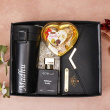 Load image into Gallery viewer, Romantic 4-in-1 Gift Box for Girlfriend | Wife  – Personalised Name Clutch, Perfume, Travel Mug &amp; Chocolates for birthday &amp; anniversary
