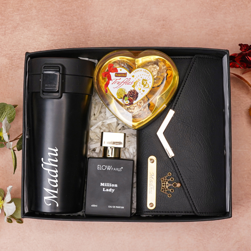 Romantic 4-in-1 Gift Box for Girlfriend | Wife  – Personalised Name Clutch, Perfume, Travel Mug & Chocolates for birthday & anniversary