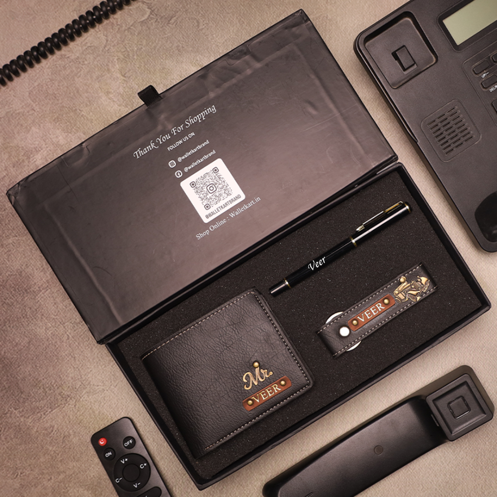 Stylish Genuine Leather Wallet Combo | Personalized Wallet + Pen + Keychain Combo Gift for Him