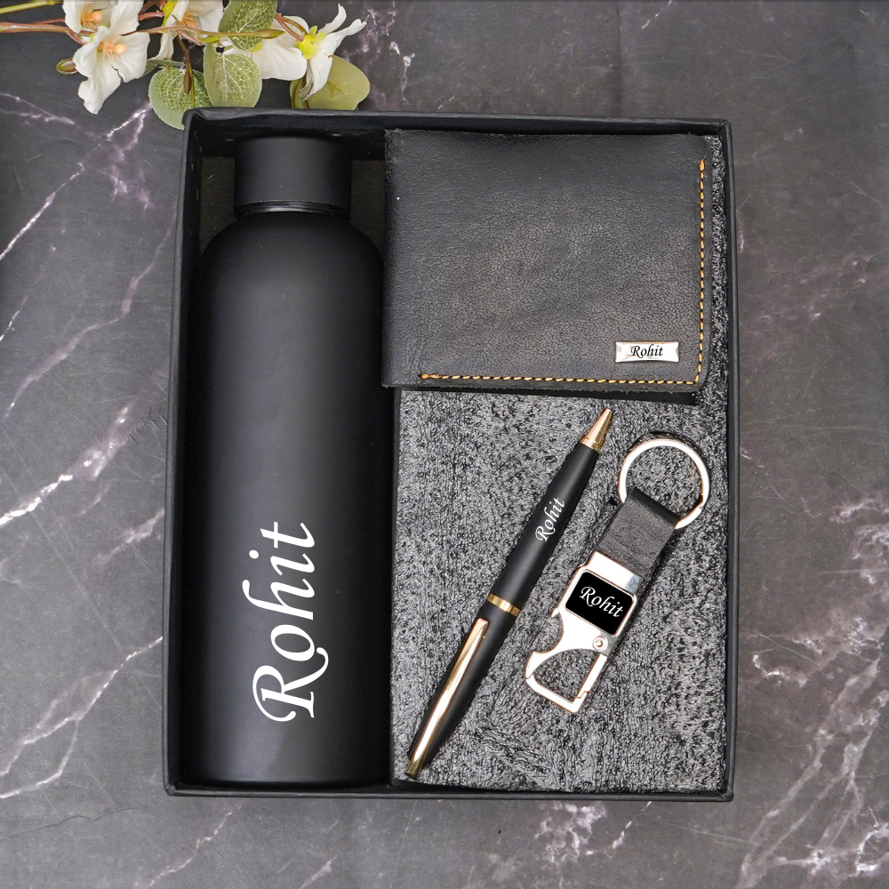 Personalized Handcrafted 4-in-1 Gift Combo – Wallet (Style ID 17), Snap Keychain, Pen & H2GO Bottle | Custom Gift Set for Men