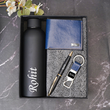 Load image into Gallery viewer, Personalized Handcrafted 4-in-1 Gift Combo – Wallet (Style ID 17), Snap Keychain, Pen &amp; H2GO Bottle | Custom Gift Set for Men
