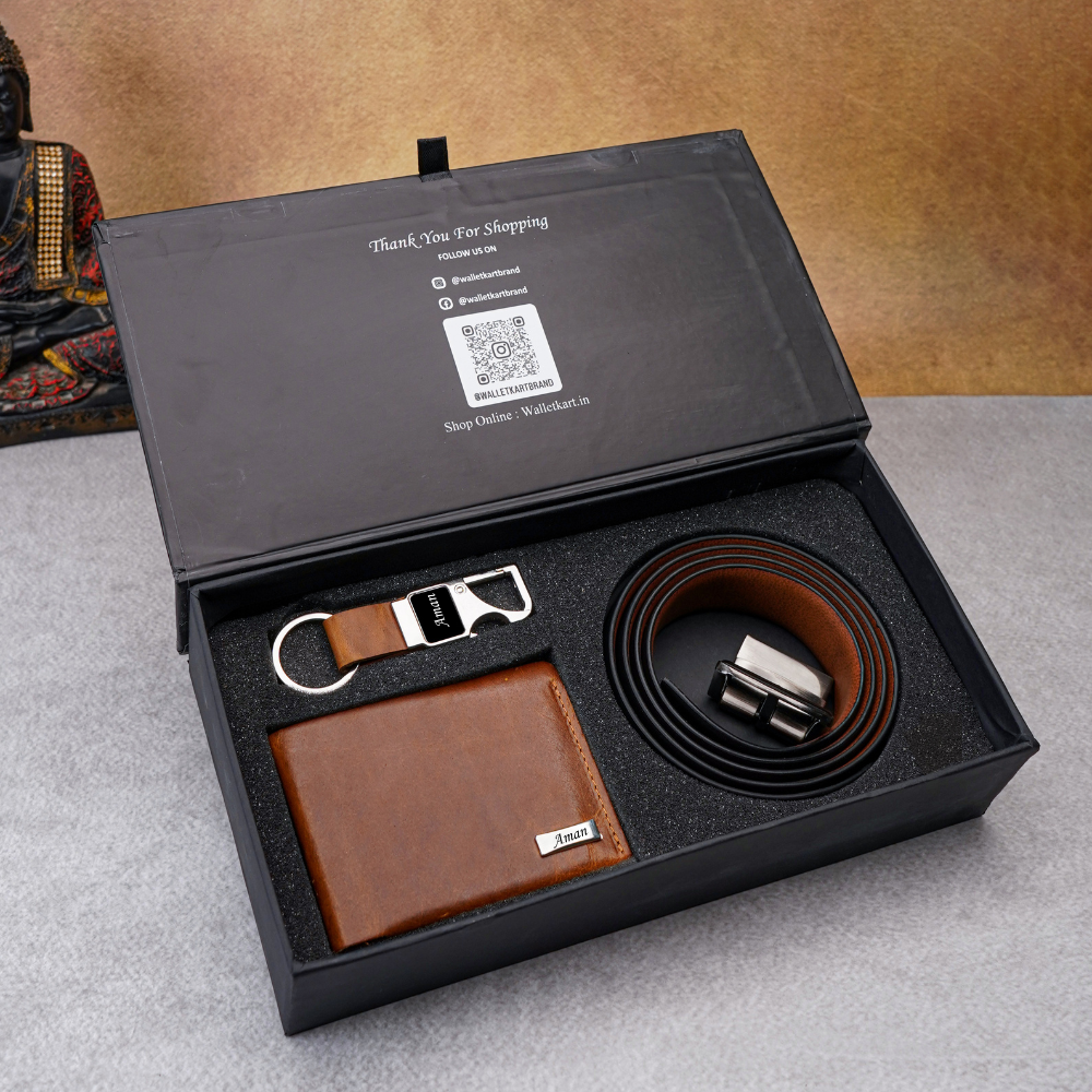 Customised Handmade Leather Men's Wallet, Snaphook and Belt | Best Customized (3 in 1 Gift Combo) for Boyfriend Husband Father & Son (Style id #23)