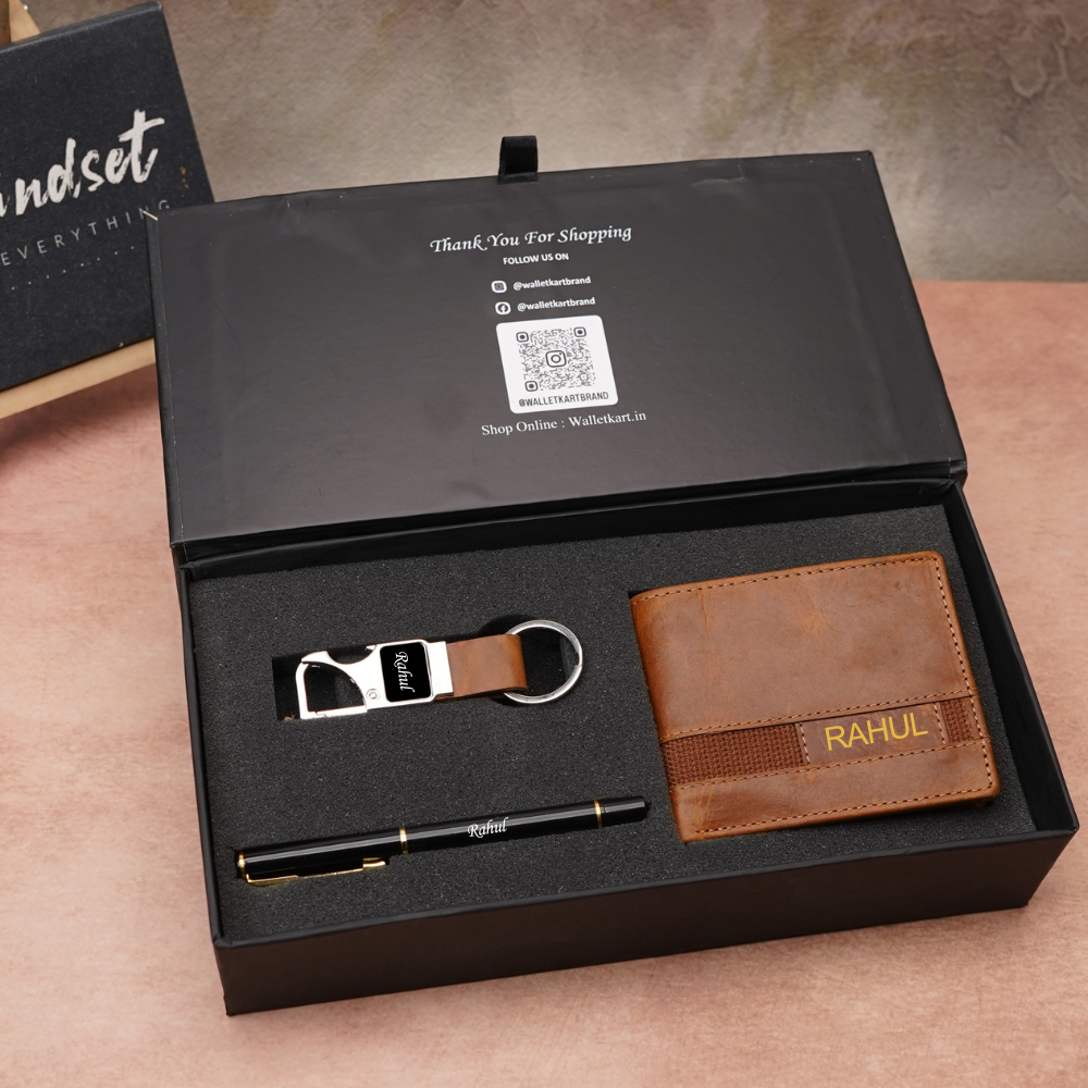 Customised Genuine Leather Men’s  Wallet & Metal Keychain & Pen – (STYLE ID #32)