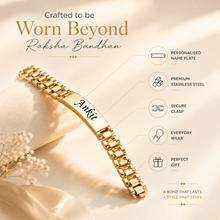 Load image into Gallery viewer, Personalized Gold Bracelet Rakhi with Custom Name | Premium Raksha Bandhan Gift for Brother (7.0)
