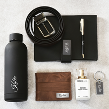 Load image into Gallery viewer, Personalized Genuine Leather Men&#39;s Wallet Keychain Belt pen Diary Bottle  and Perfume | Customized (7 in 1) Gift Combo Set (STYLE ID #15)
