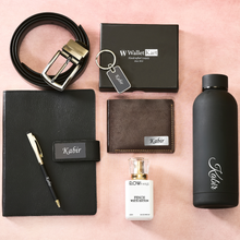 Load image into Gallery viewer, Personalized Genuine Leather Men&#39;s Wallet Metal Keychain Belt Pen Diary Perfume and  H2GO Bottle |  Customised (7 in 1)  Gift Combo (STYLE ID #17)
