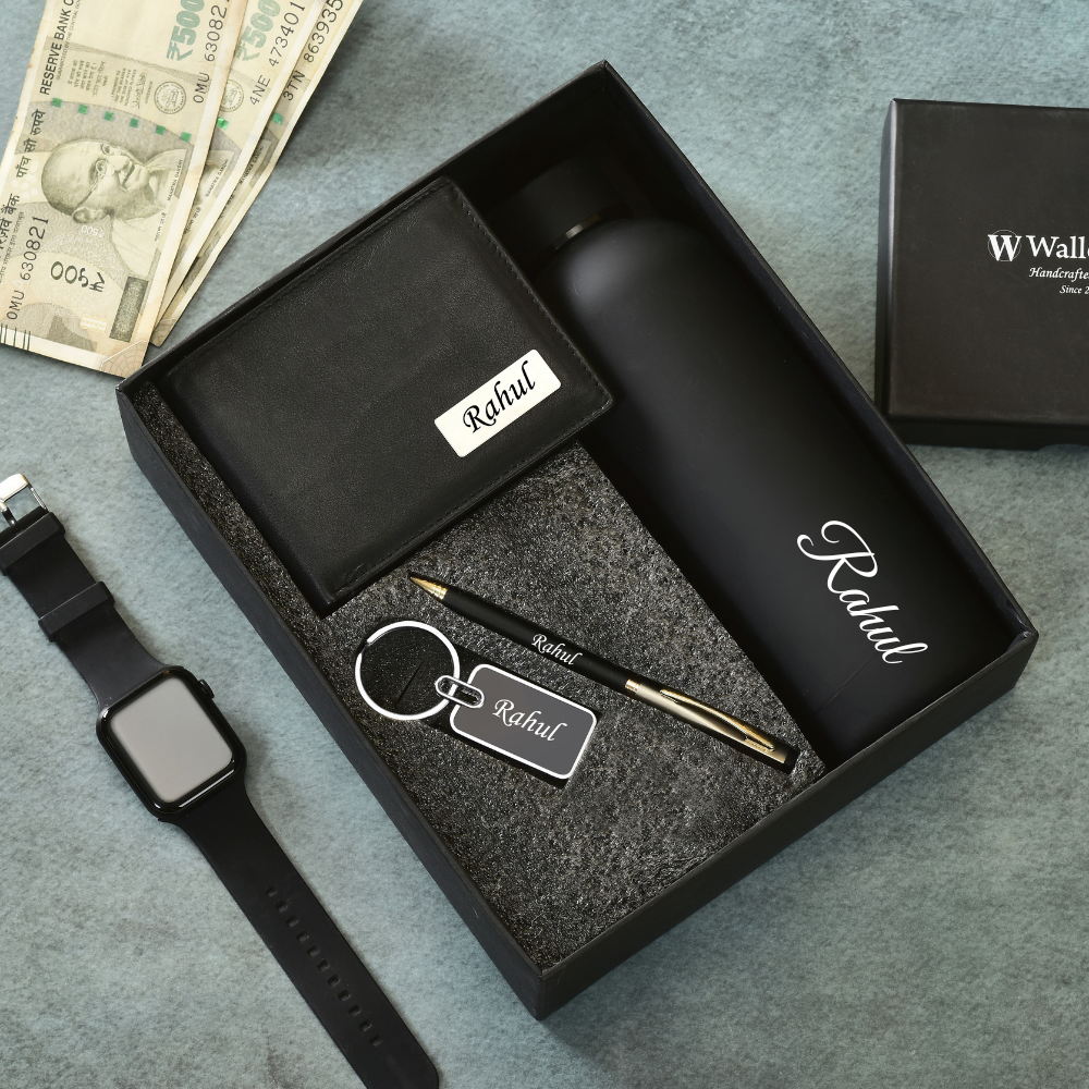 Personalized Genuine Leather Name Men's Wallet Metal Keychain Pen and H2GO Bottle |  Customised (4 in 1) Gift Combo (STYLE ID #21)