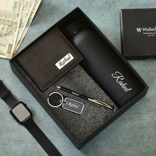 Load image into Gallery viewer, Personalized Genuine Leather Name Men&#39;s Wallet Metal Keychain Pen and H2GO Bottle |  Customised (4 in 1) Gift Combo (STYLE ID #21)
