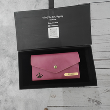 Load image into Gallery viewer, Personalized Ladies Leather Slim Clutch with Name &amp; Charm
