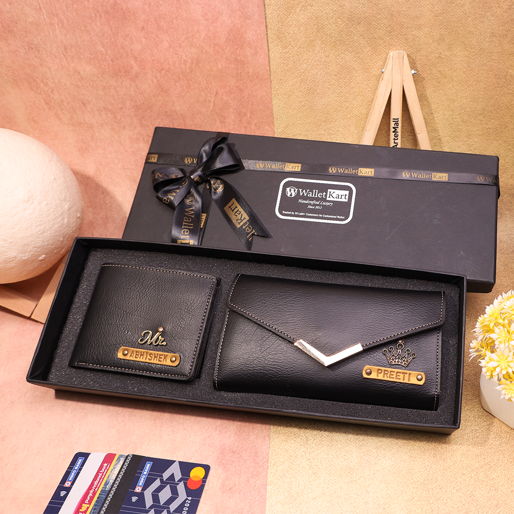 Stylish Couple’s Combo – Customized Leather Clutch & Wallet with Charm Detail