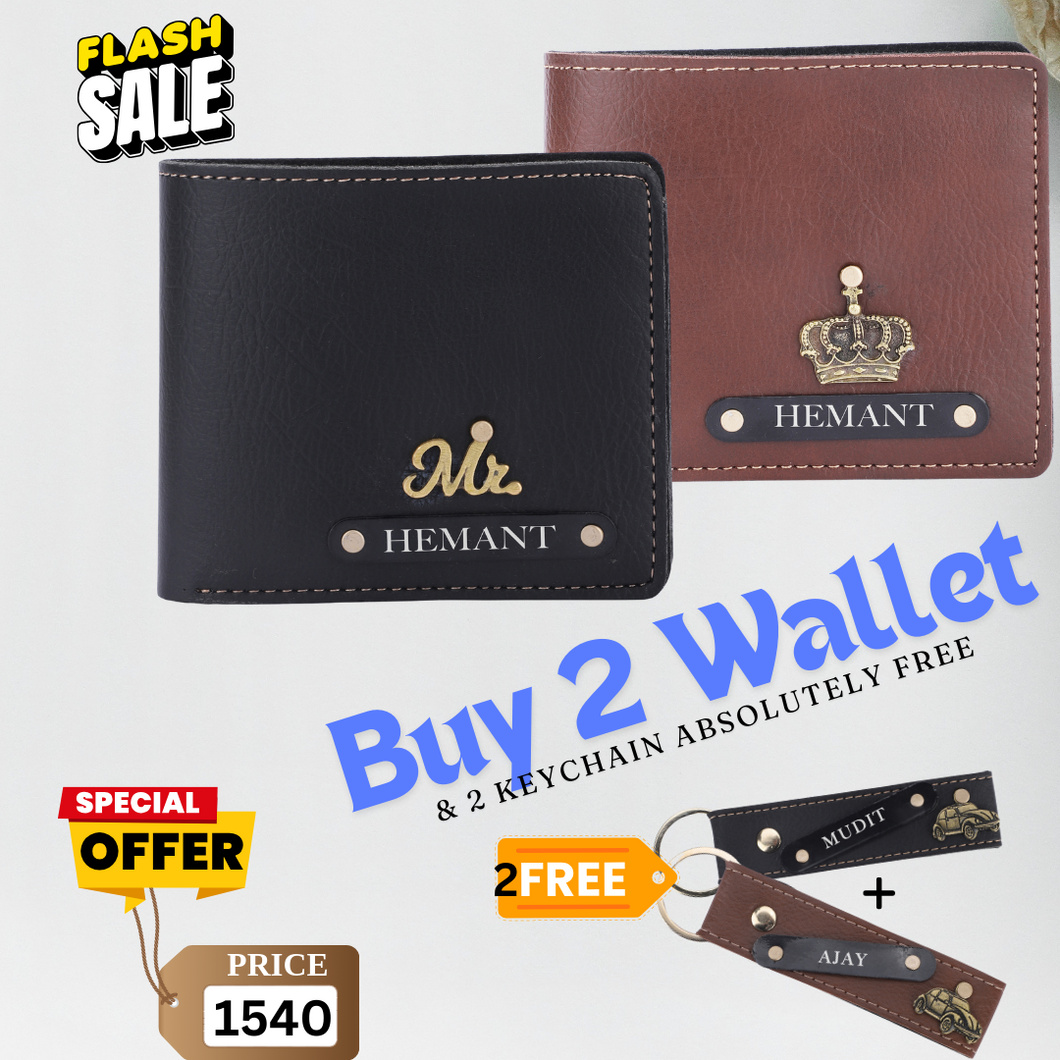 2 Personalised  Leather Name  Wallet & Get 2 Keychains absolutely Free