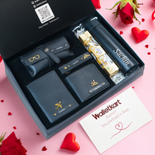 Load image into Gallery viewer, Valentine’s Day Personalised 6-in-1 Premium Gift Combo For Boyfriend Husband with Men's Wallet, Eyewear Case, Keychain, Passport Cover, Bottle &amp; Chocolates
