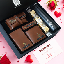 Load image into Gallery viewer, Valentine’s Day Personalised 6-in-1 Premium Gift Combo For Boyfriend Husband with Men's Wallet, Eyewear Case, Keychain, Passport Cover, Bottle &amp; Chocolates

