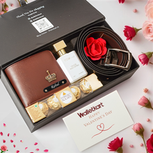 Load image into Gallery viewer, Valentine Gentleman’s Edition For Boyfriend Husband – Personalised Leather Men's Wallet, Belt, Perfume &amp; Chocolates

