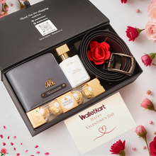 Load image into Gallery viewer, Valentine Gentleman’s Edition For Boyfriend Husband – Personalised Leather Men's Wallet, Belt, Perfume &amp; Chocolates
