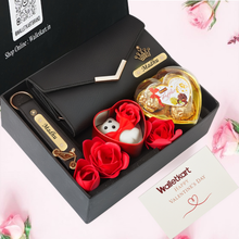 Load image into Gallery viewer, Personalised Valentine Romantic Gift for Girlfriend Wife – Women's Clutch, Keychain, Teddy &amp; Chocolates
