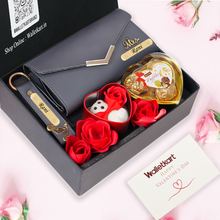 Load image into Gallery viewer, Personalised Valentine Romantic Gift for Girlfriend Wife – Women's Clutch, Keychain, Teddy &amp; Chocolates
