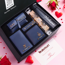 Load image into Gallery viewer, Valentine’s Day Personalised 6-in-1 Premium Gift Combo For Boyfriend Husband with Men's Wallet, Eyewear Case, Keychain, Passport Cover, Bottle &amp; Chocolates
