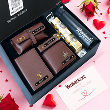 Load image into Gallery viewer, Valentine’s Day Personalised 6-in-1 Premium Gift Combo For Boyfriend Husband with Men's Wallet, Eyewear Case, Keychain, Passport Cover, Bottle &amp; Chocolates
