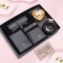 Load image into Gallery viewer, Personalised Gift Set For Boyfriend Husband – Men's Wallet, Passport Cover, Belt, Eyewear Case, Keychain &amp; Chocolates
