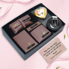 Load image into Gallery viewer, Personalised Gift Set For Boyfriend Husband – Men's Wallet, Passport Cover, Belt, Eyewear Case, Keychain &amp; Chocolates
