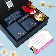 Load image into Gallery viewer, Personalised Anniversary Love Box for Him – Romantic Gift Set with Wallet, Passport Cover, Eyewear Case, Keychain with Name &amp; Charm, Chocolates, Teddy &amp; Rose combo
