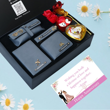 Load image into Gallery viewer, Personalised Anniversary Love Box for Him – Romantic Gift Set with Wallet, Passport Cover, Eyewear Case, Keychain with Name &amp; Charm, Chocolates, Teddy &amp; Rose combo
