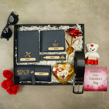 Load image into Gallery viewer, Valentine’s Luxury Gift Set – Wallet, Passport, Eyewear Case, Keychain, Belt, Rose &amp; Chocolate
