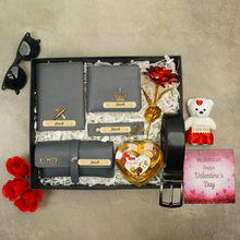 Load image into Gallery viewer, Valentine’s Luxury Gift Set – Wallet, Passport, Eyewear Case, Keychain, Belt, Rose &amp; Chocolate
