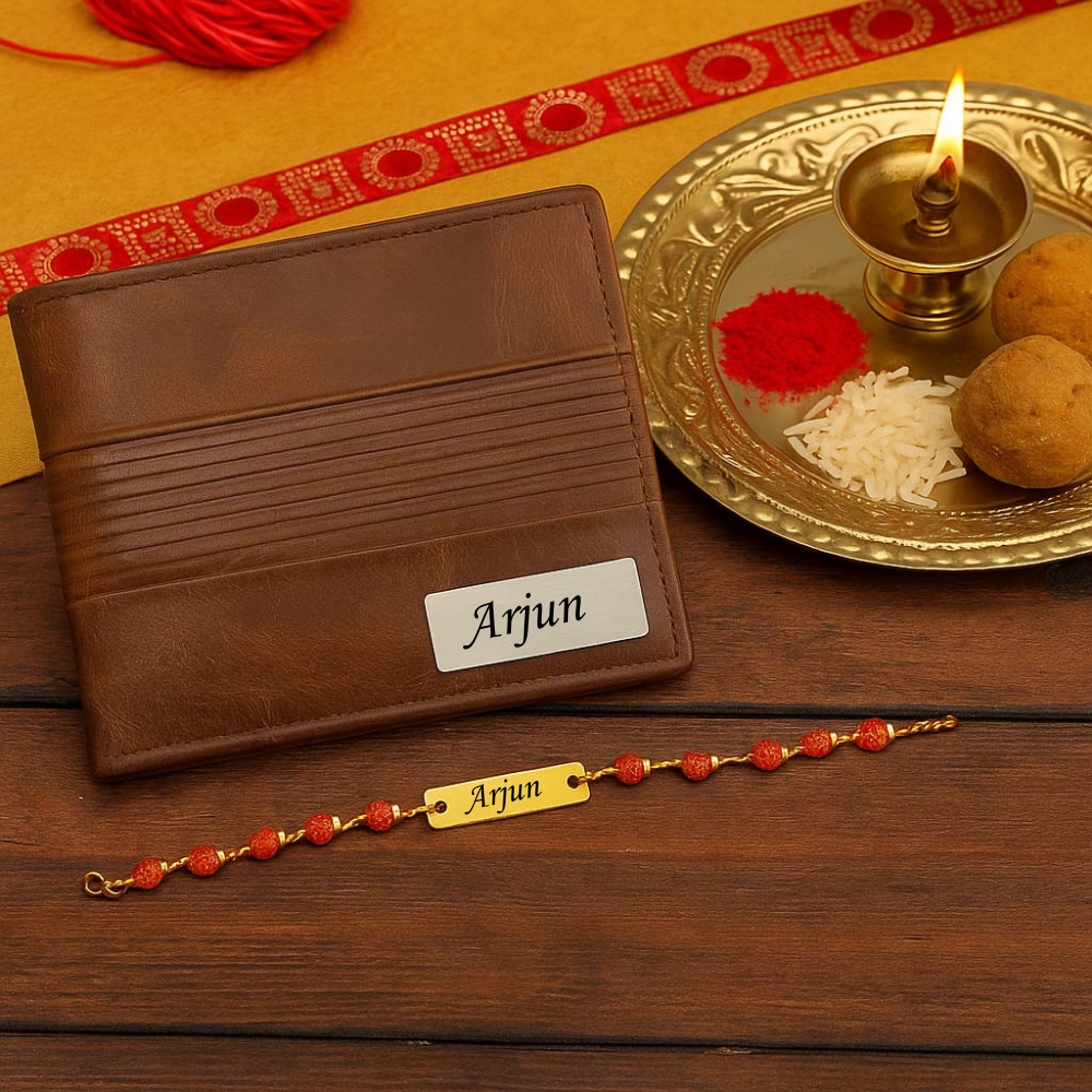 Personalized Genuine Leather Name Wallet (STYLE ID #15) For Men with Rakhi