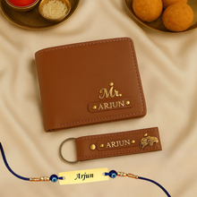 Load image into Gallery viewer, Raksha Bandhan Special: Custom Leather Wallet, Keychain &amp; Evil Eye Rakhi for Your Brother
