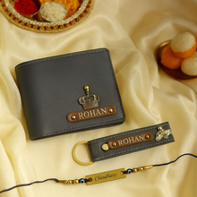 Load image into Gallery viewer, Raksha Bandhan Special: Custom Leather Wallet, Keychain &amp; Evil Eye Rakhi for Your Brother
