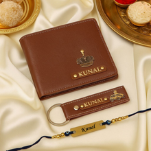 Load image into Gallery viewer, Raksha Bandhan Special: Custom Leather Wallet, Keychain &amp; Evil Eye Rakhi for Your Brother
