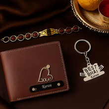 Load image into Gallery viewer, Personalized  Leather Name Wallet Keychain Rakhi ( 3 in 1 Combo) Option for Your Brother

