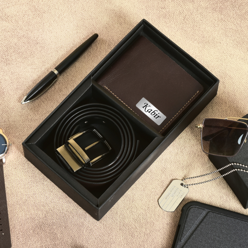 Personalized Genuine Name Engraved Leather Men's Wallet And Belt  | Customised (2-IN-1 Gift Combo ) for Boyfriend Friend, Husband on Birthday & Anniversary (STYLE ID #17)
