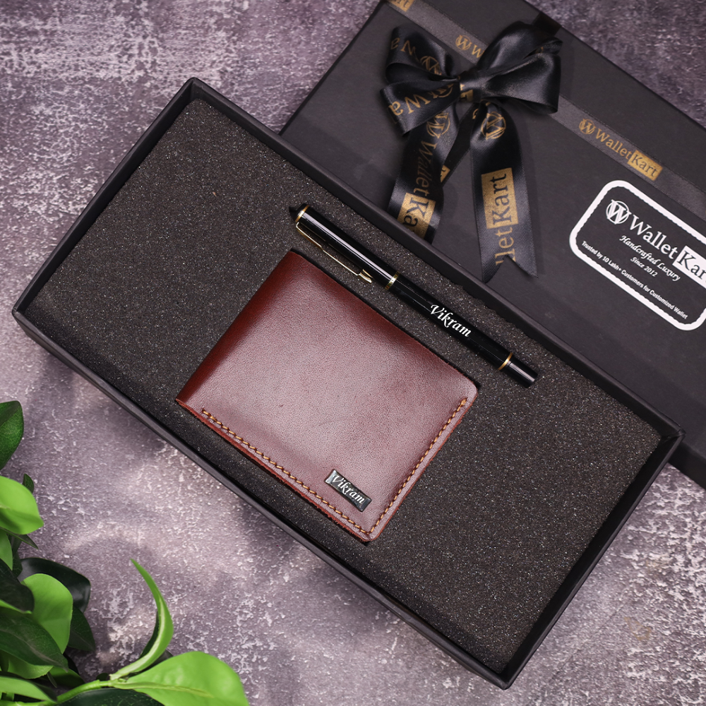 Personalized Handcrafted RFID Leather Wallet & Pen | Name Engraved Wallet Gift combo for Every Occasion (STYLE ID #17)