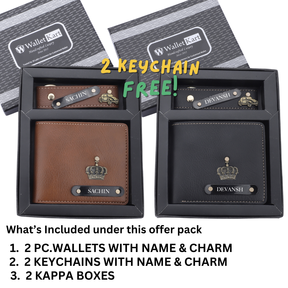 2 Personalised  Leather Name  Wallet & Get 2 Keychains absolutely Free