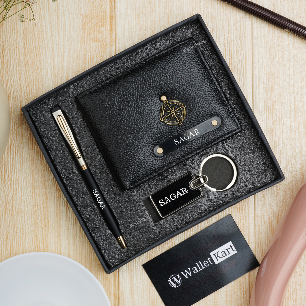 Personalised Men's Wallet, Keychain & Pen Combo